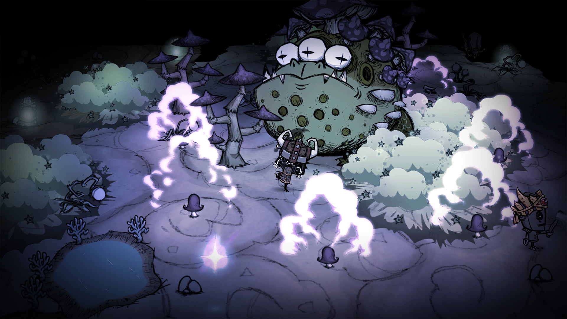 Toadstool raid boss fight in the Caves — co-op boss battle on a Don't Starve Together server