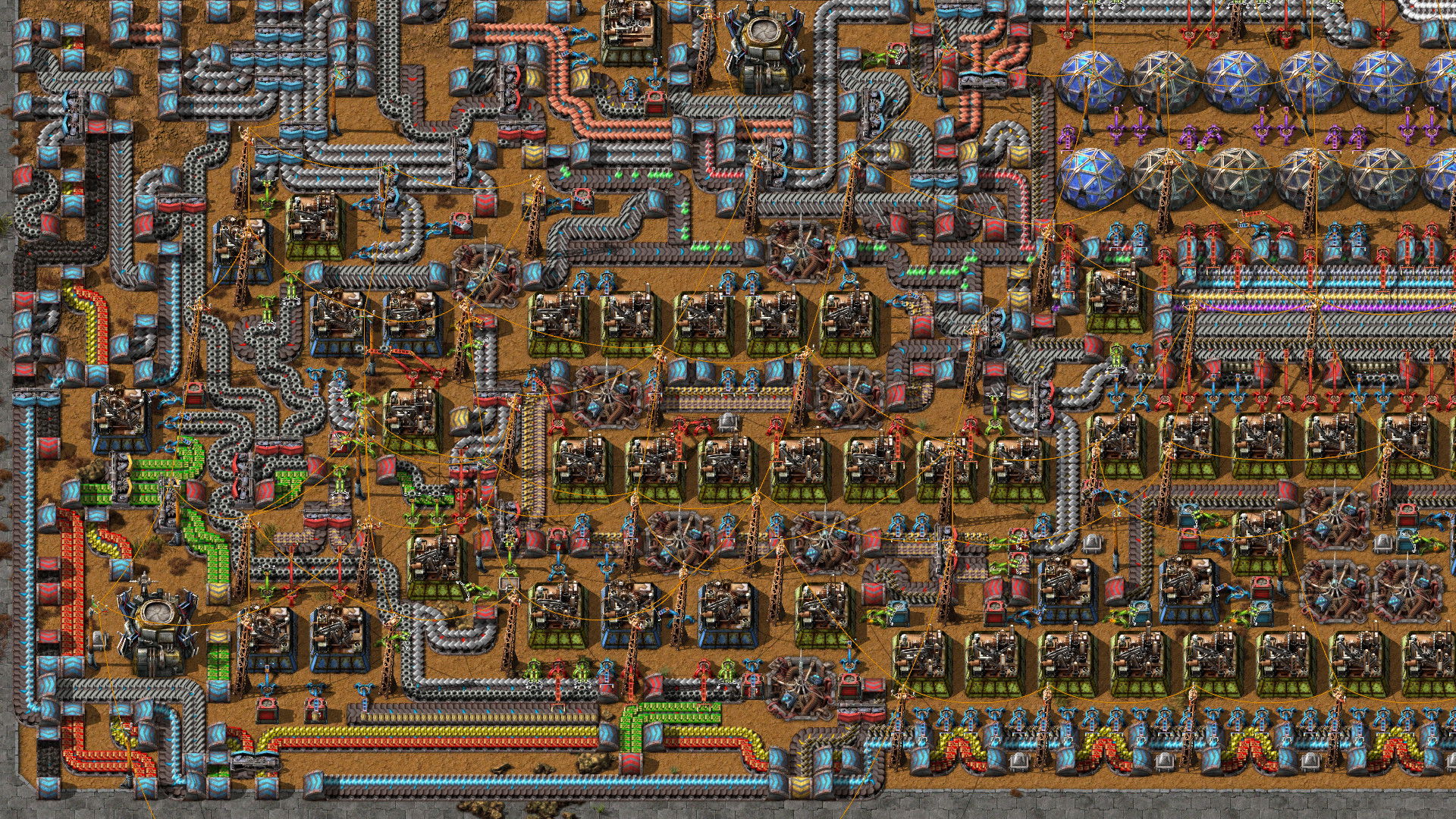 Dense assembler floor with labs in a Factorio mega factory — mega-base building on a Factorio multiplayer server