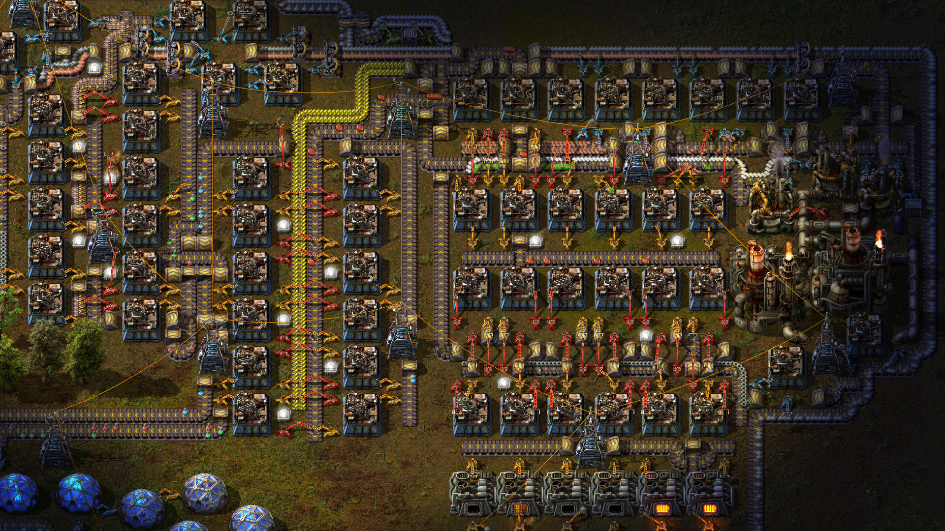 Factory with lab domes and flare stacks in Factorio — research automation on a Factorio server