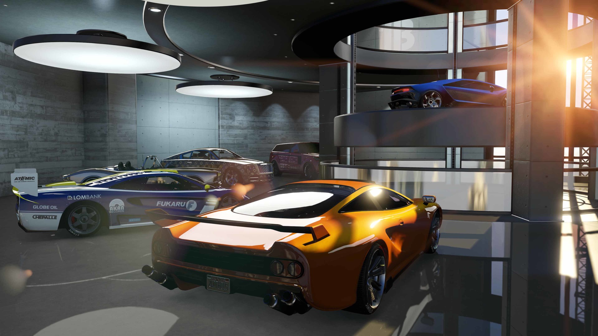 Luxury garage full of supercars in GTA V — car dealership roleplay on a FiveM server