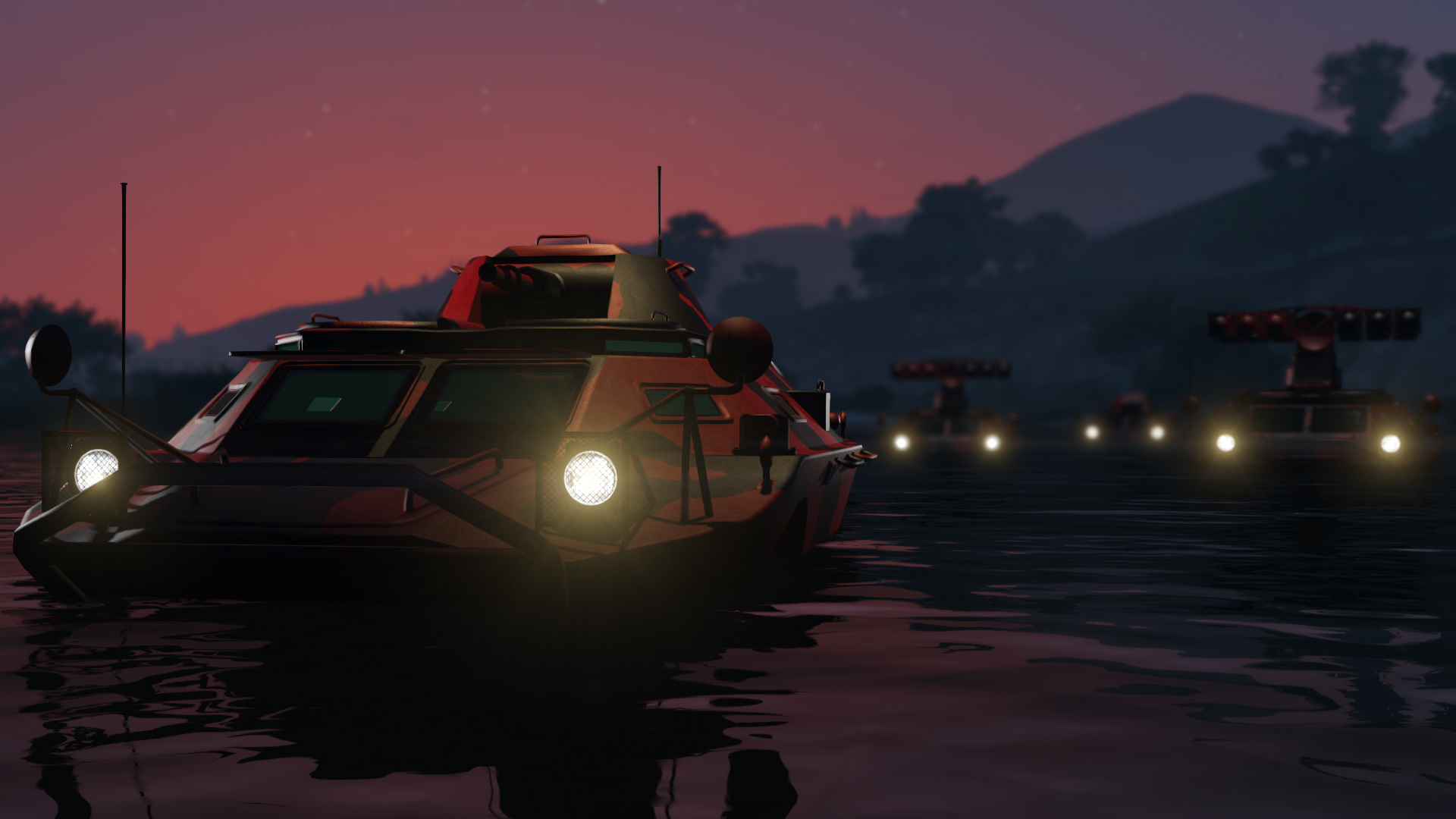 Amphibious APCs on the water at dusk in GTA V — custom missions on a FiveM server