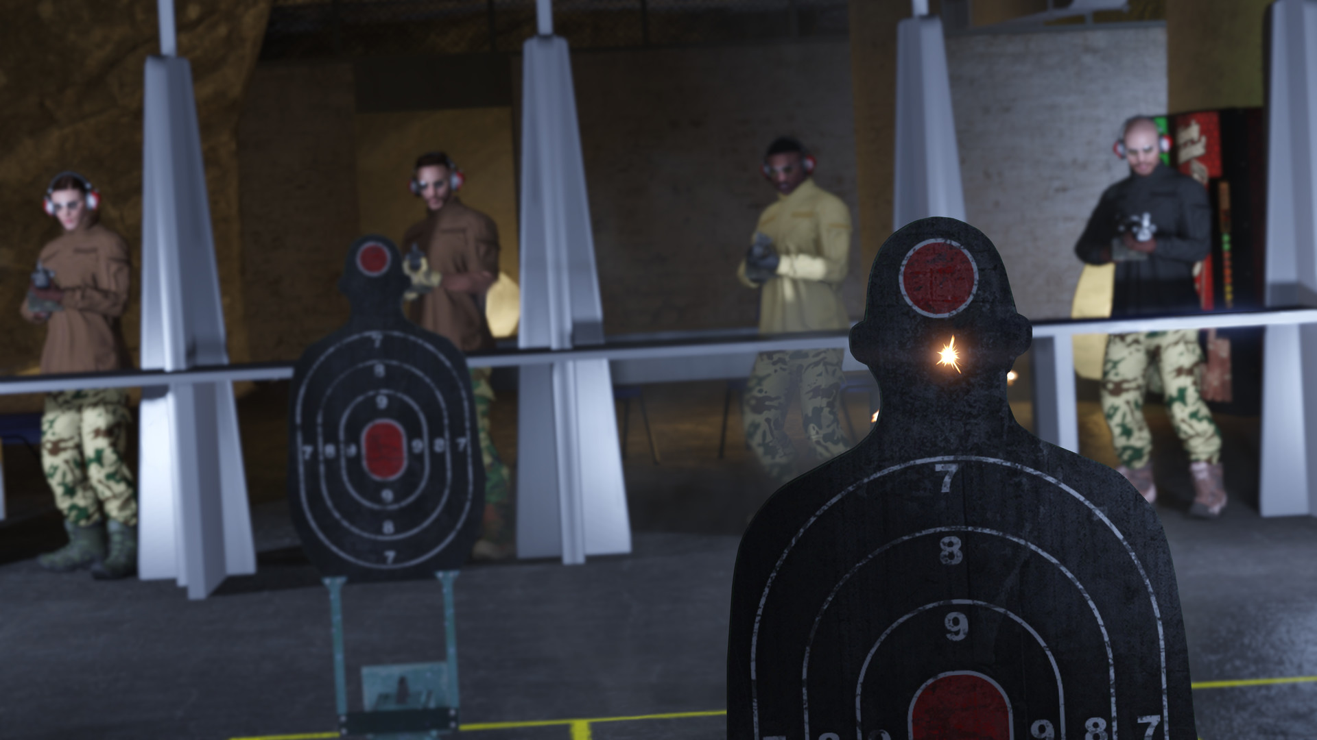 Indoor shooting range practice in GTA V — police and gang roleplay on a FiveM RP server