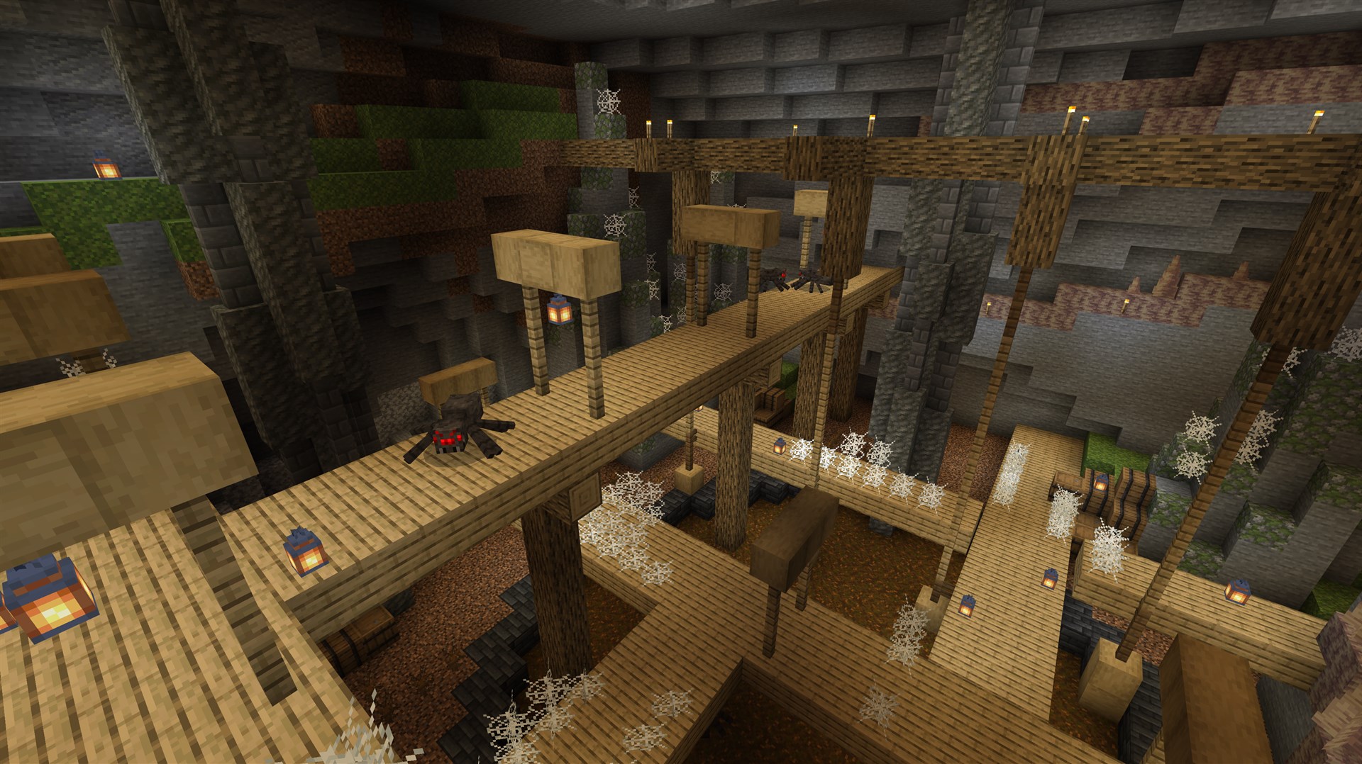 Abandoned mineshaft with spiders and cobwebs in Minecraft caves — cave exploration on a Minecraft server