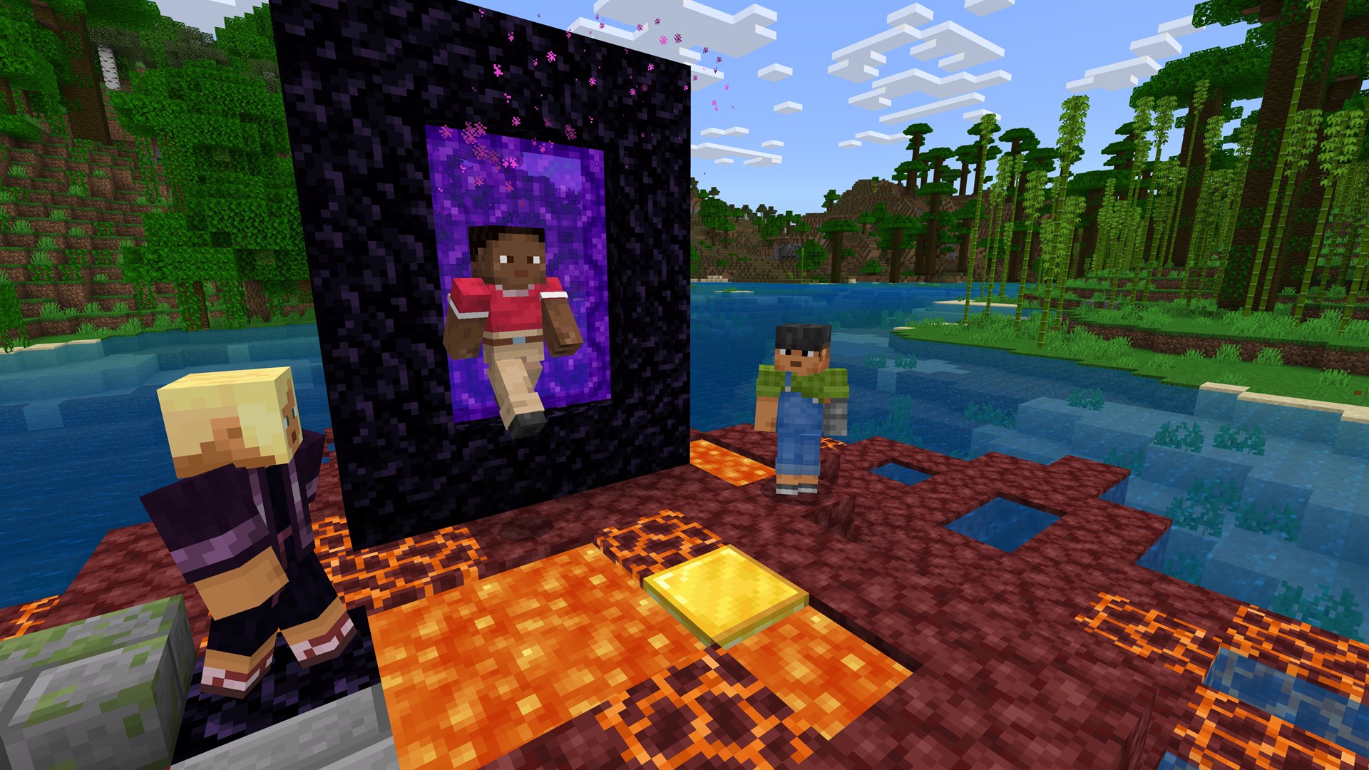 Three players at a Nether portal in Minecraft — multiplayer adventures on a private Minecraft server