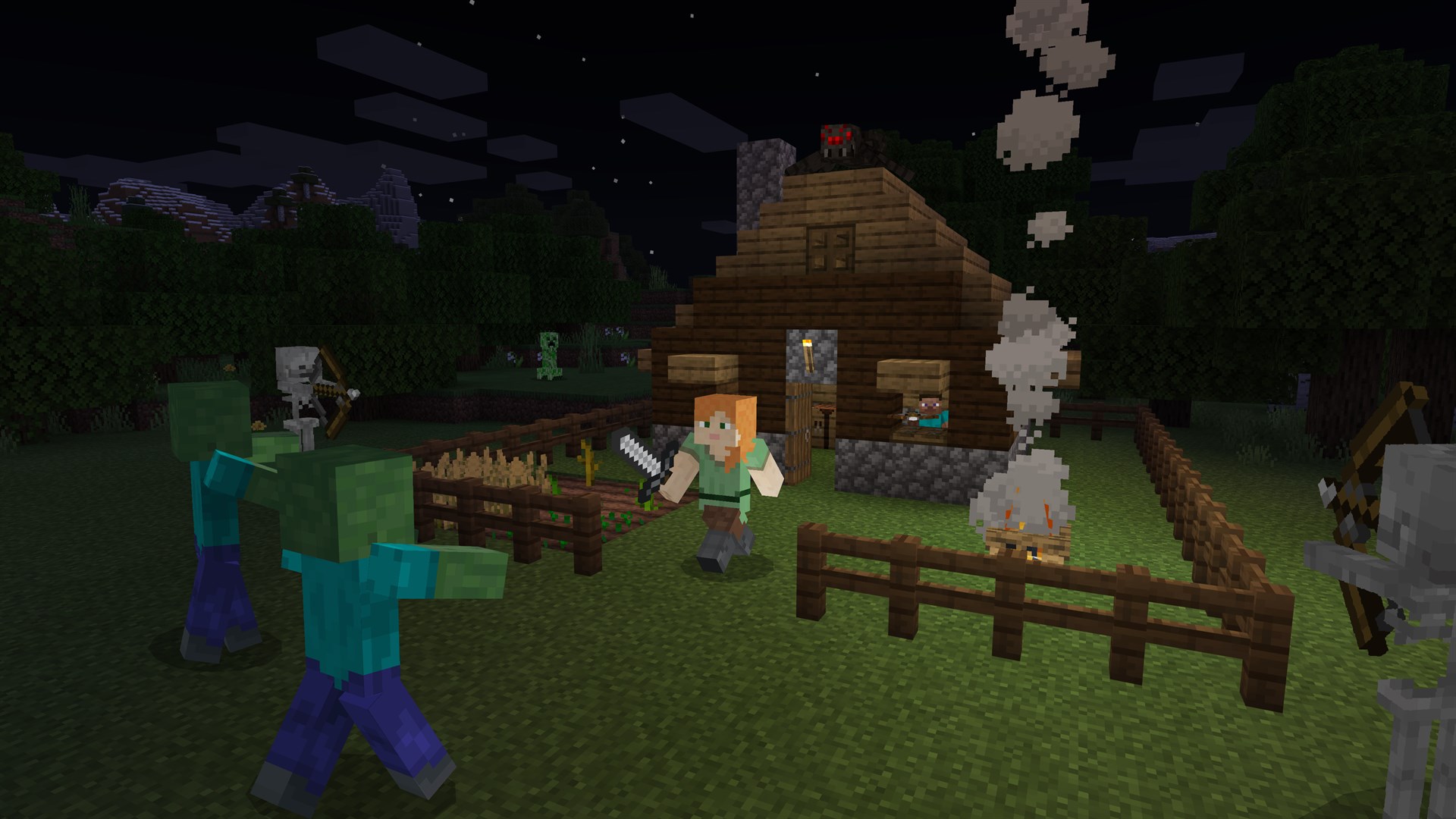 Defending a house from zombies and skeletons at night in Minecraft — survival on a Minecraft multiplayer server