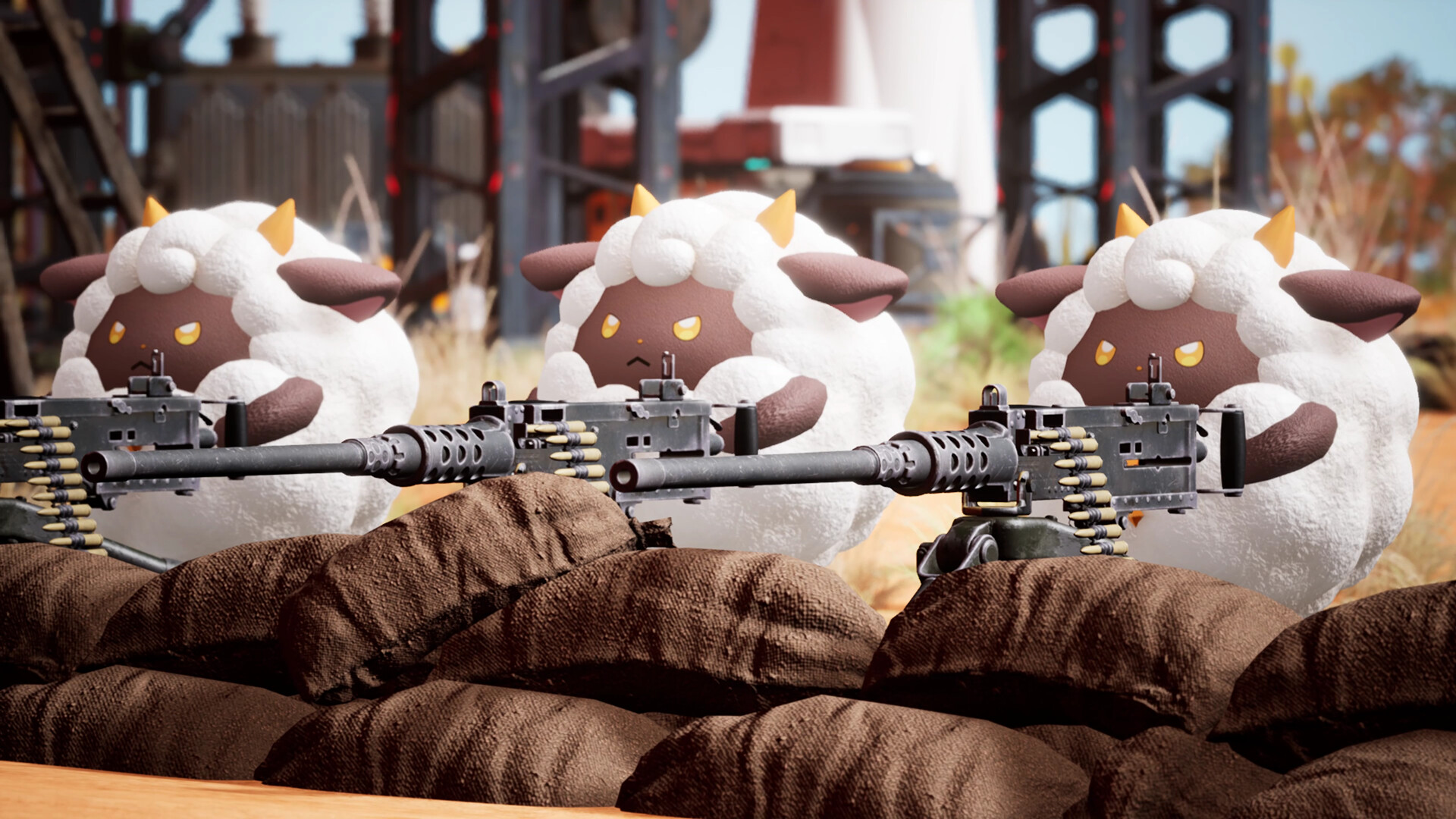 Pals manning mounted machine guns behind sandbags in Palworld — base defense on a free Palworld server