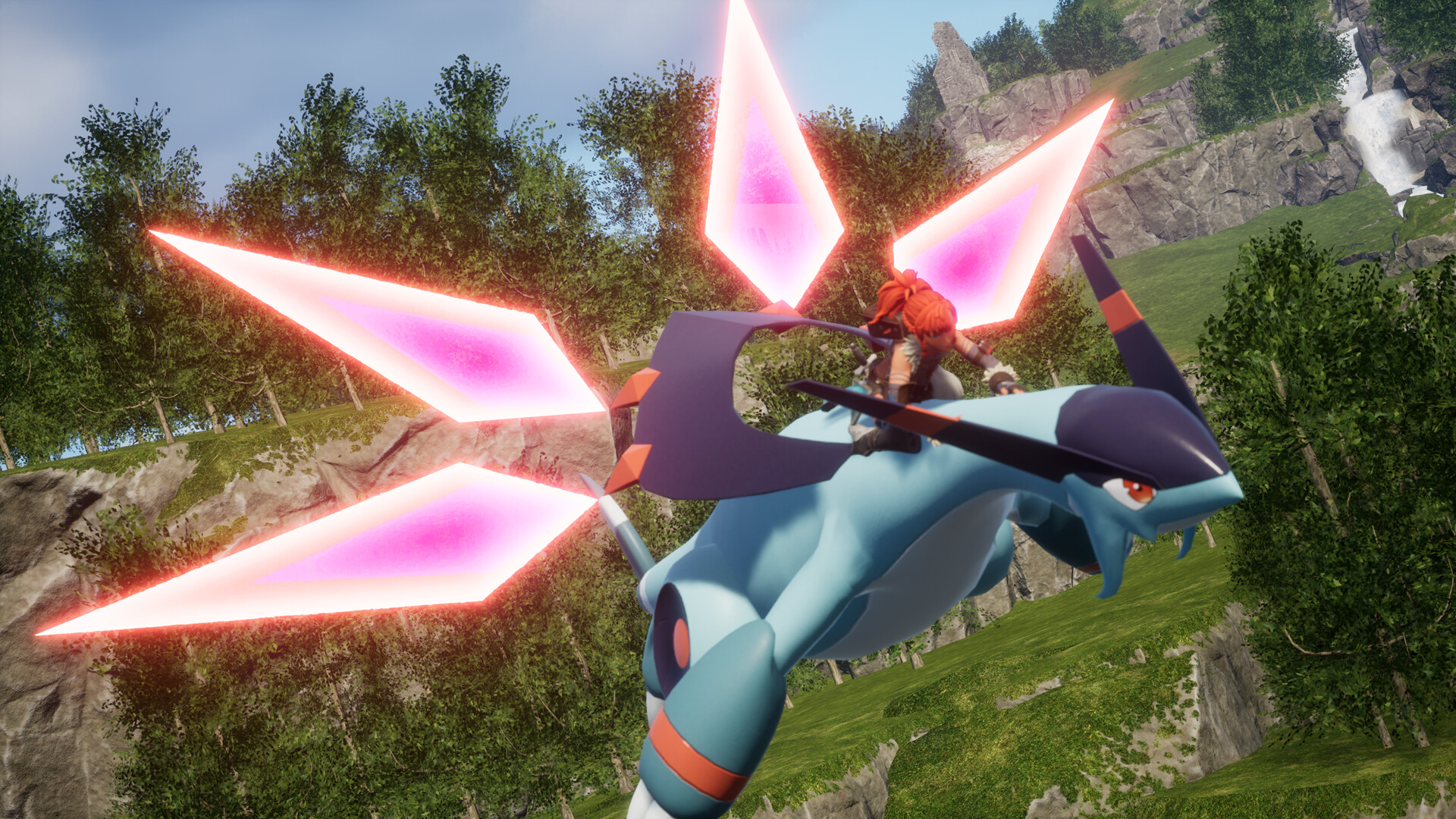 Riding a dragon Pal with glowing crystal wings in Palworld — legendary mounts on a private Palworld server