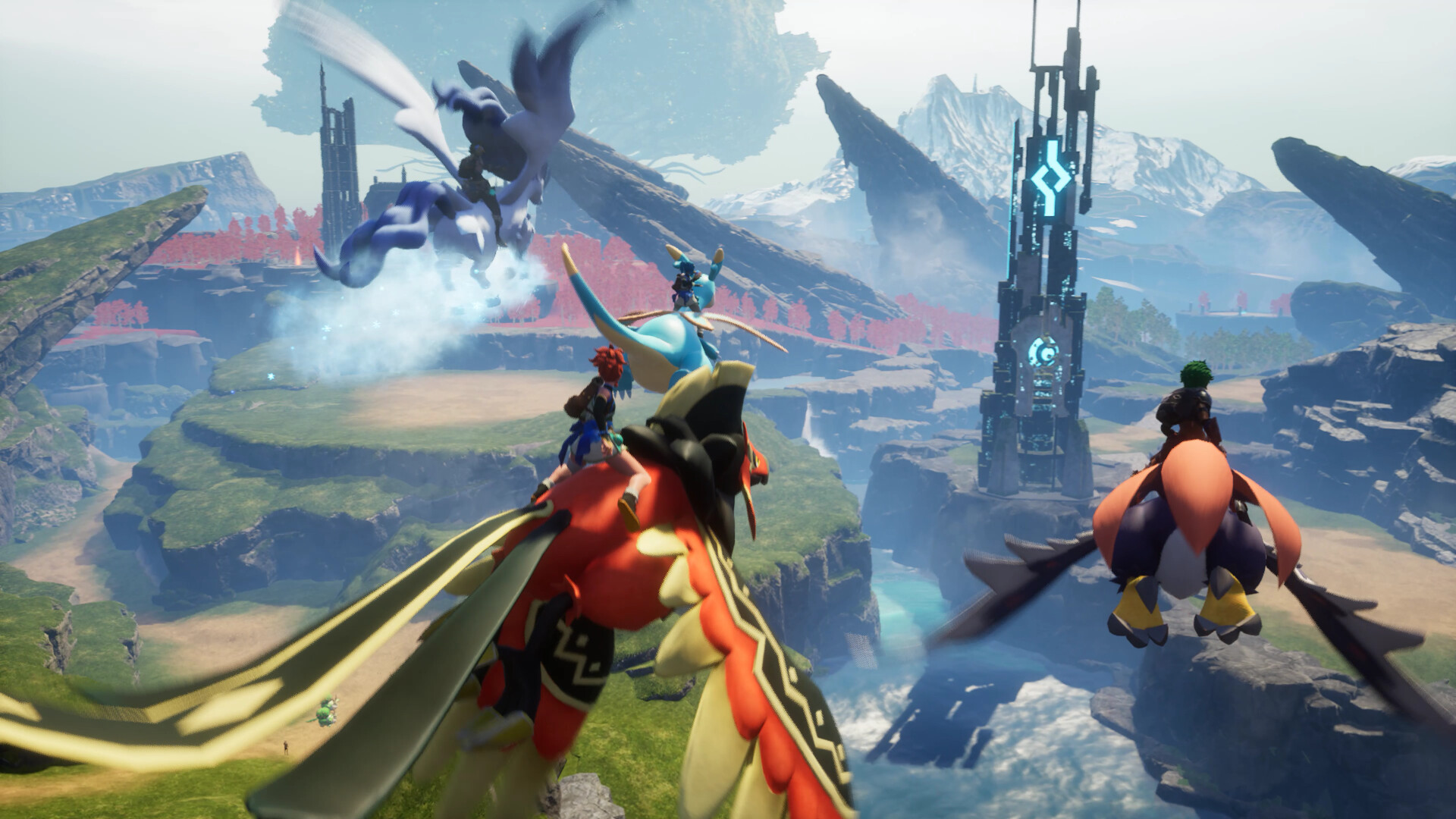 Three players on flying mounts over floating islands in Palworld — explore together on a Palworld multiplayer server