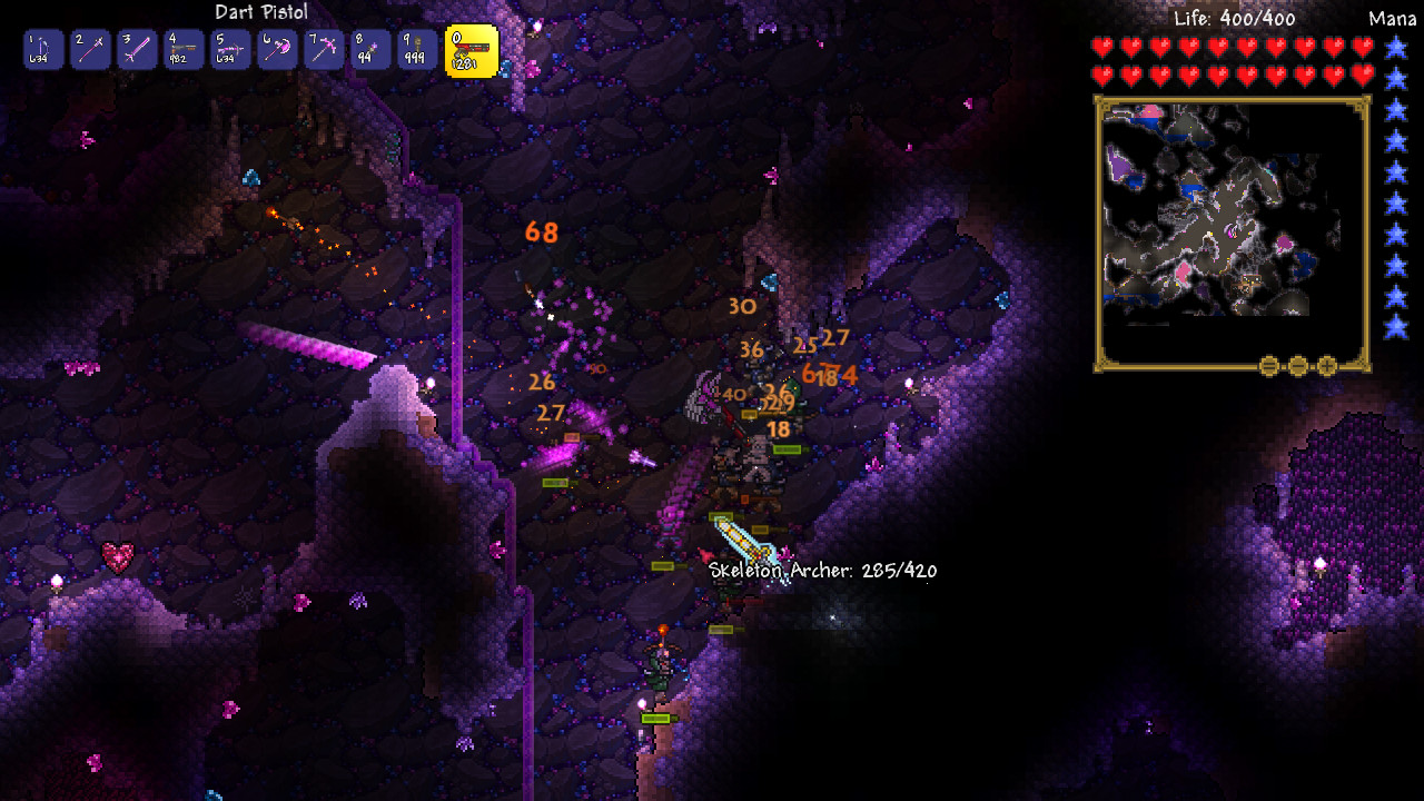 Fighting a skeleton archer in the underground Corruption in Terraria — Terraria server hosting worlds