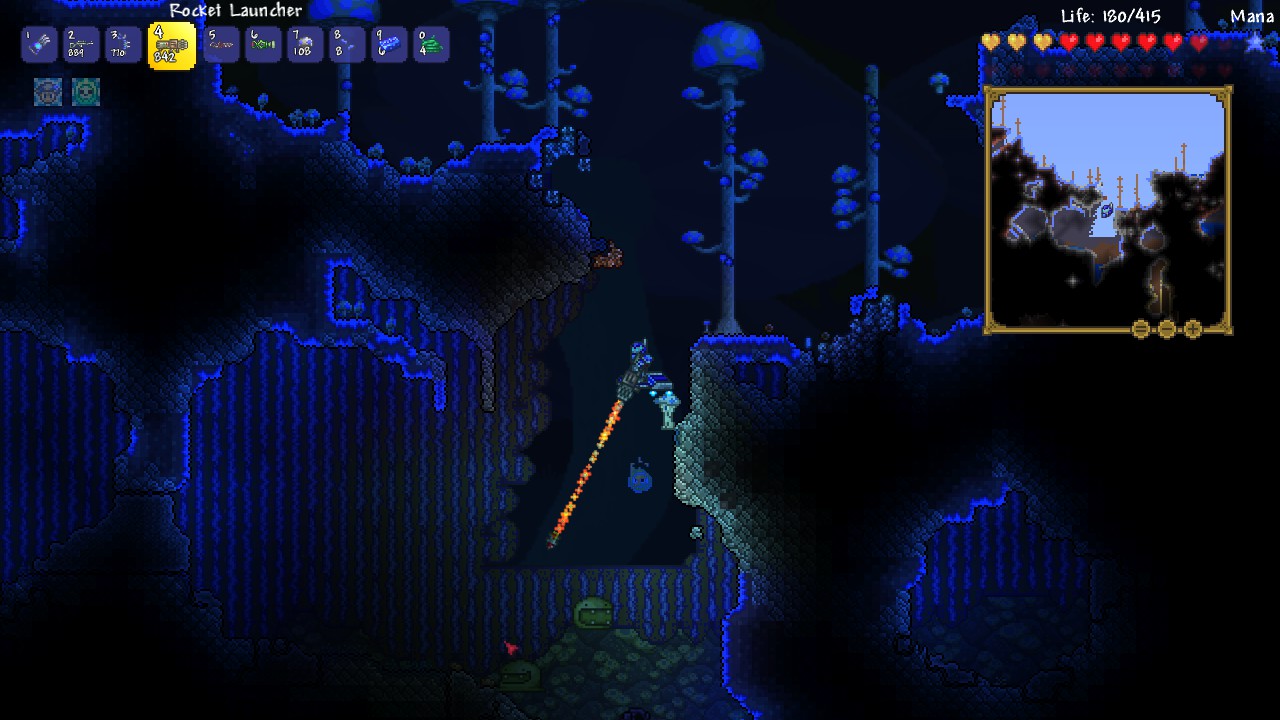 Flying through a glowing mushroom biome in Terraria — biome exploration on a free Terraria server
