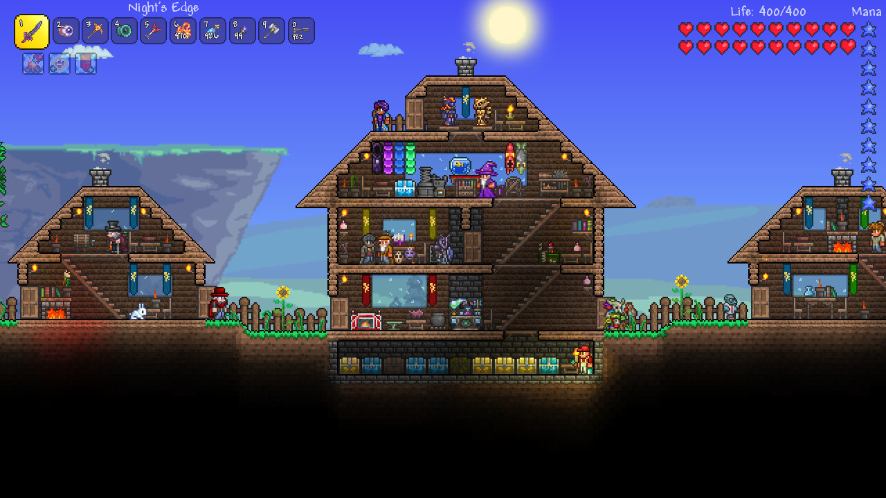 Multi-story NPC village base in Terraria — housing builds on a free Terraria server