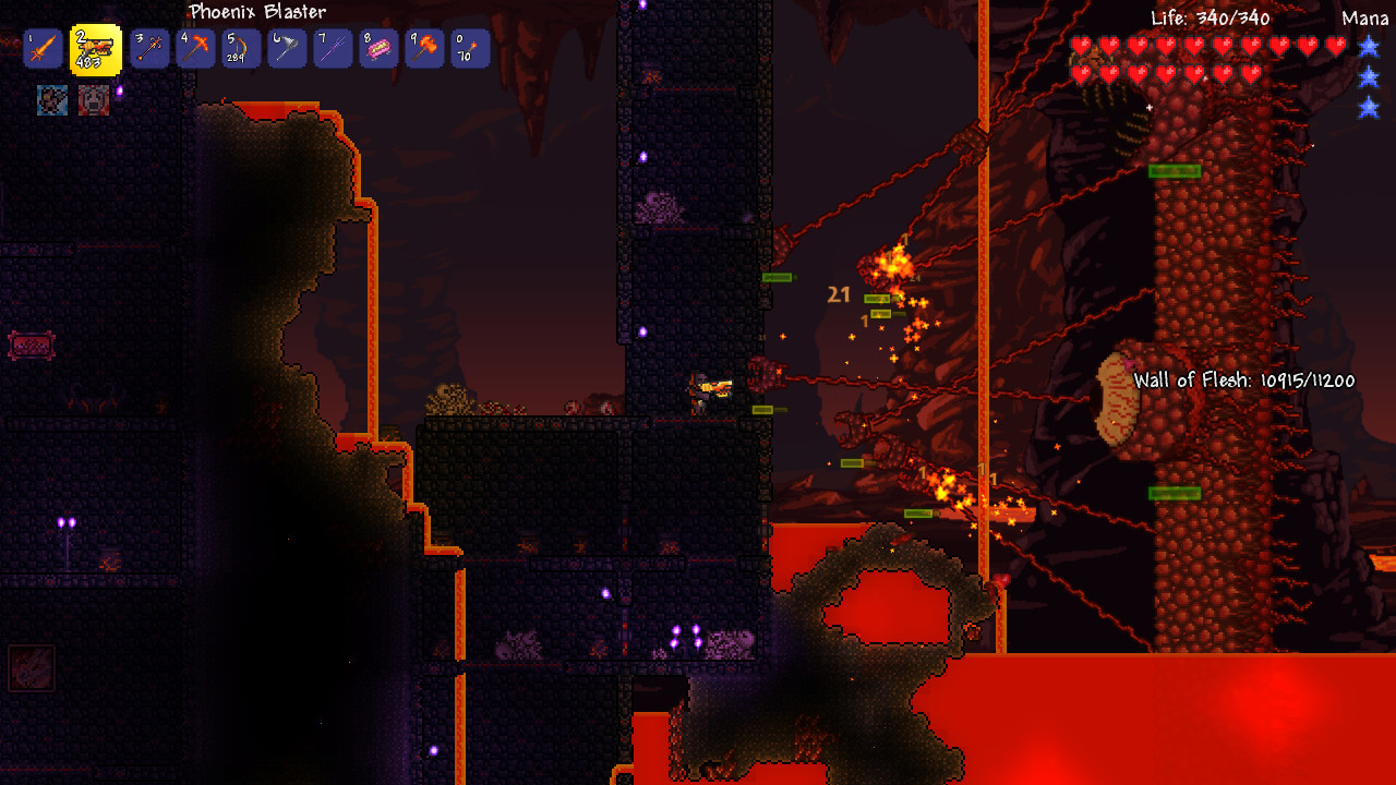 Wall of Flesh boss fight in the Underworld — the hardmode gateway boss on a Terraria server