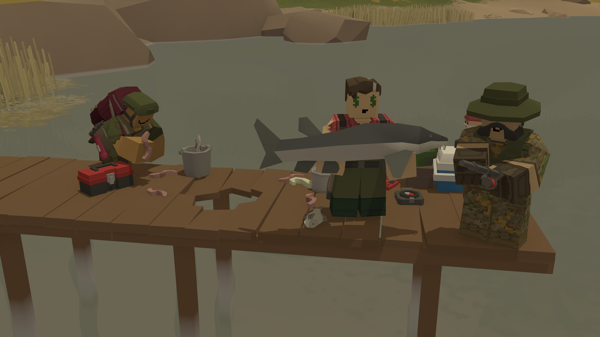 Three survivors fishing on a dock in Unturned — co-op downtime on an Unturned multiplayer server