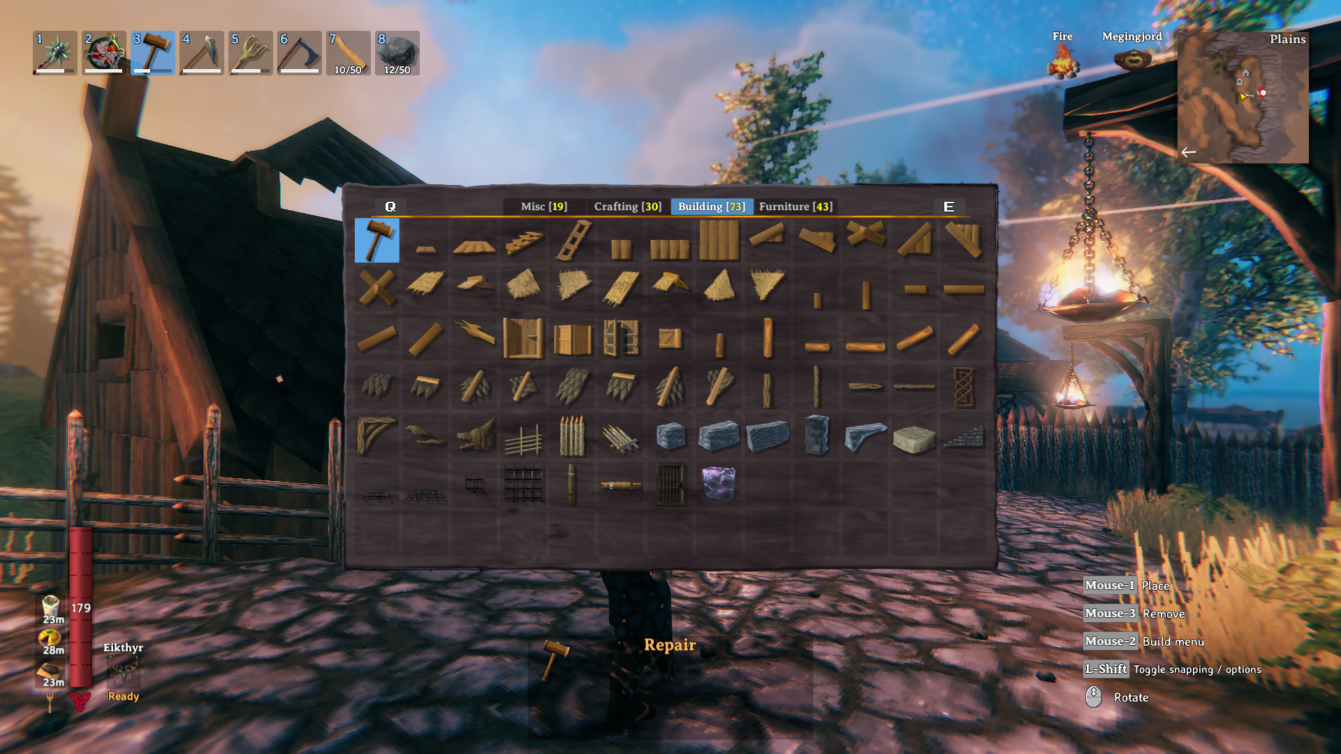 Valheim build menu with over 70 building pieces — creative construction on a free Valheim server