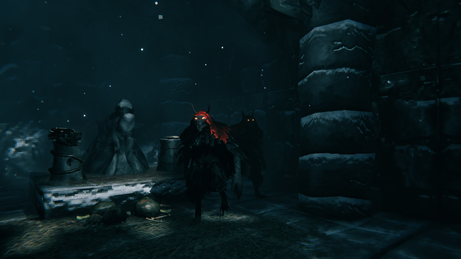 Fenring cultists in a frost cave in Valheim — mountain dungeon crawling on a private Valheim server