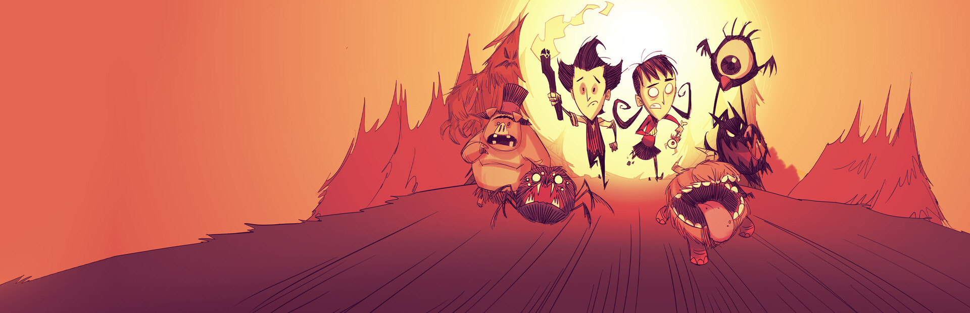 Don't Starve Together key art — Wilson and Willow fleeing monsters, host it free on Gaming4Free