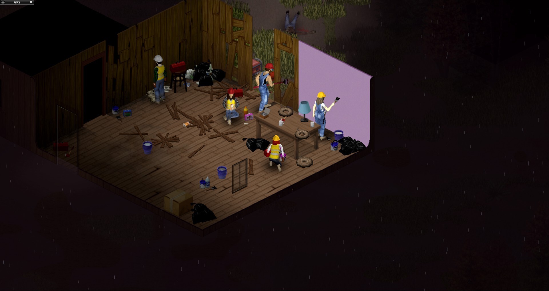 Survivors renovating and painting a safehouse room in Project Zomboid — base building on a free Project Zomboid server