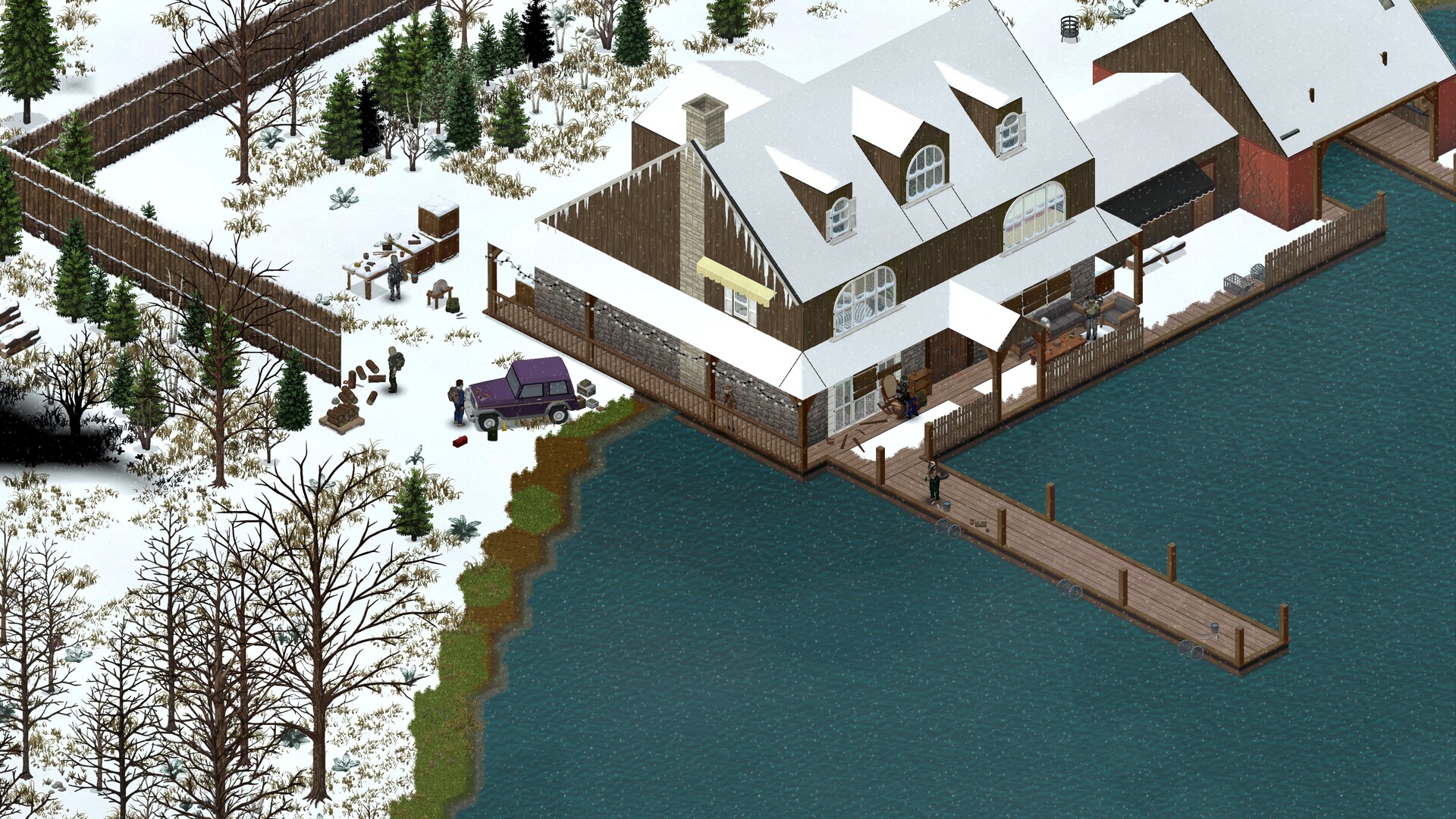 Winter lakeside safehouse with survivors and a 4x4 in Project Zomboid — co-op base on a Project Zomboid server