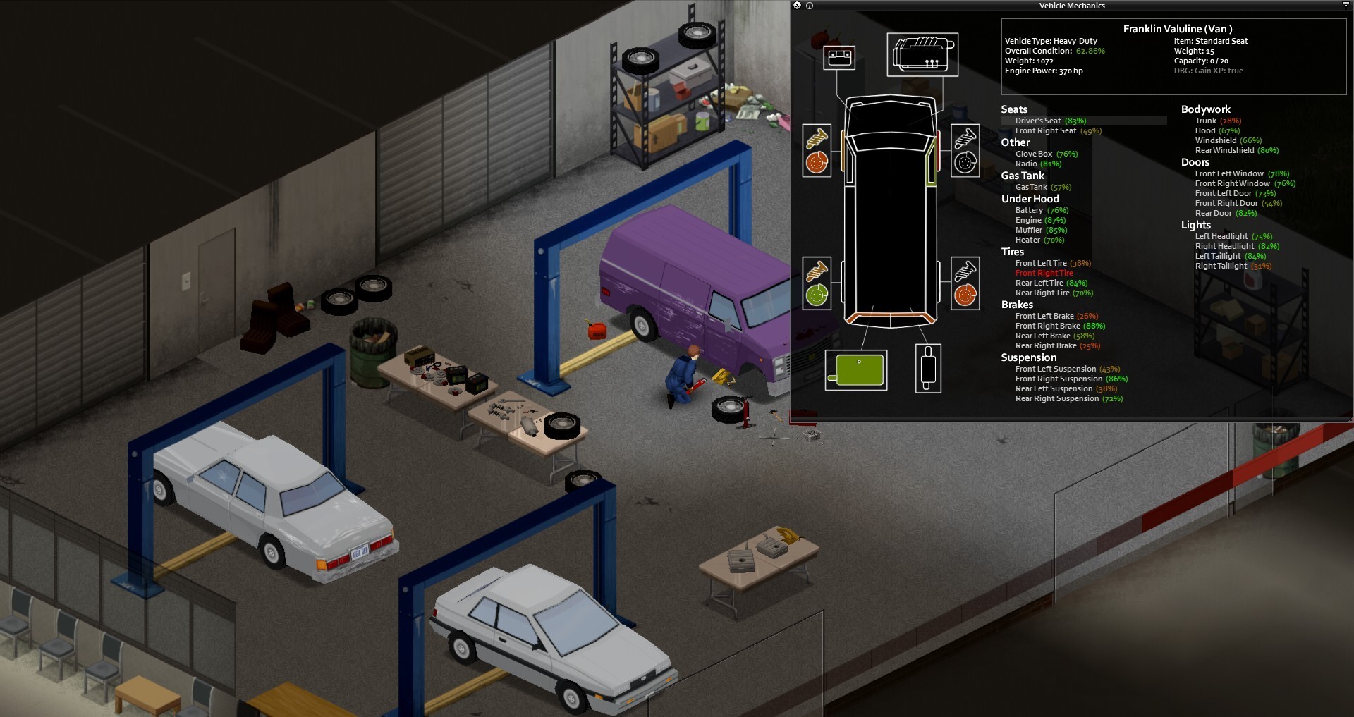 Vehicle mechanics screen on a van in a garage in Project Zomboid — car repair on a Project Zomboid multiplayer server