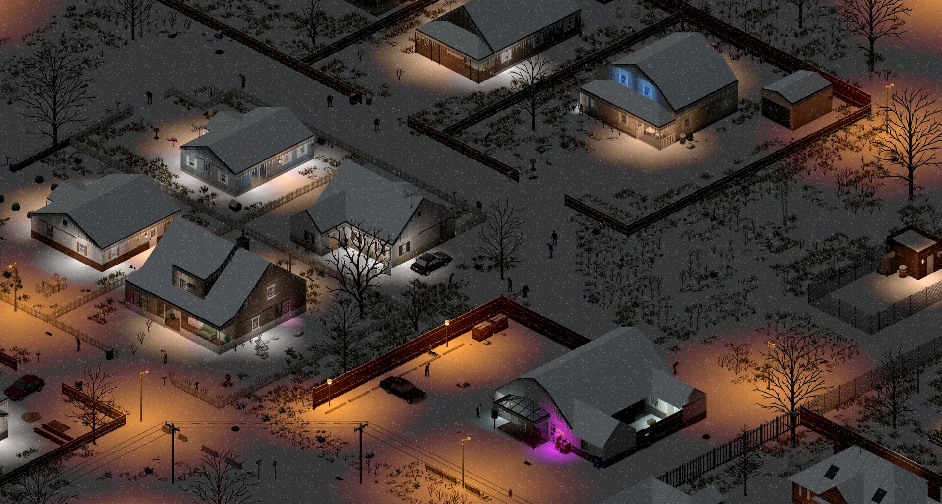 Snowy suburban street at night in Project Zomboid — winter survival on a Project Zomboid server